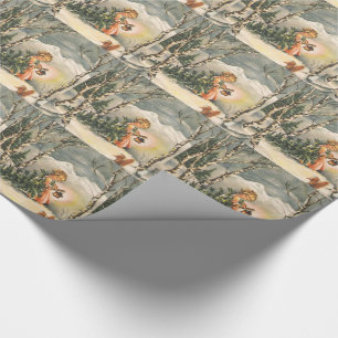 Papier Cadeau Noël vintage, petite fille avec l'arbre