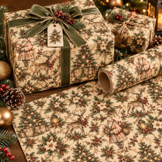 Papier Cadeau Noël vintage Sage vert et beige Woodland 