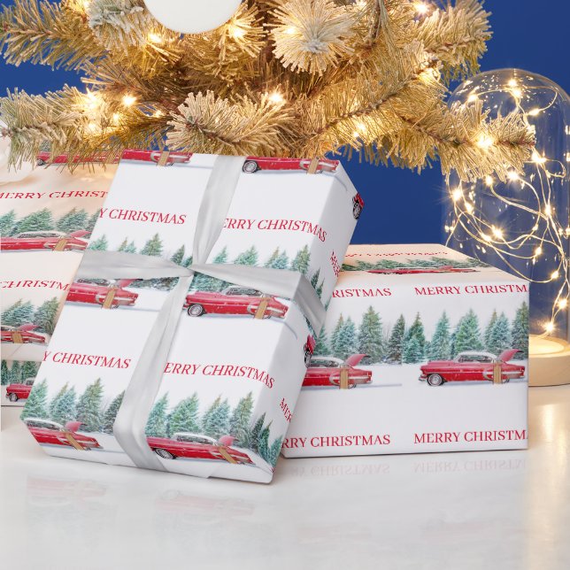 Papier Cadeau Noël Vintage voiture rouge paysage enneigé (Vacances)