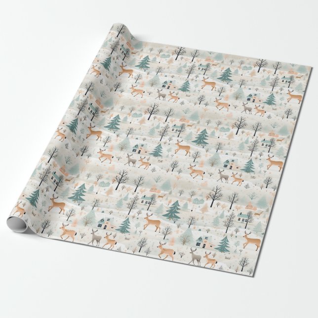 Papier Cadeau Noëls d'art populaire scandinave Cerfs Pins Arbres (Déroulé)