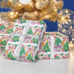 Papier Cadeau Nœud de sapin de Noël Preppy Rose Bleu Coquette