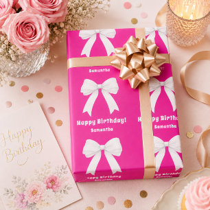 Papier Cadeau Nœud rose chaud pour anniversaire fille blanche