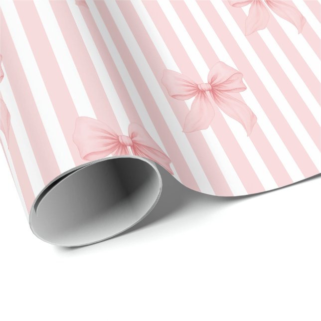 Papier Cadeau Nœuds et Rayures Coquette Rose (Coin rond)