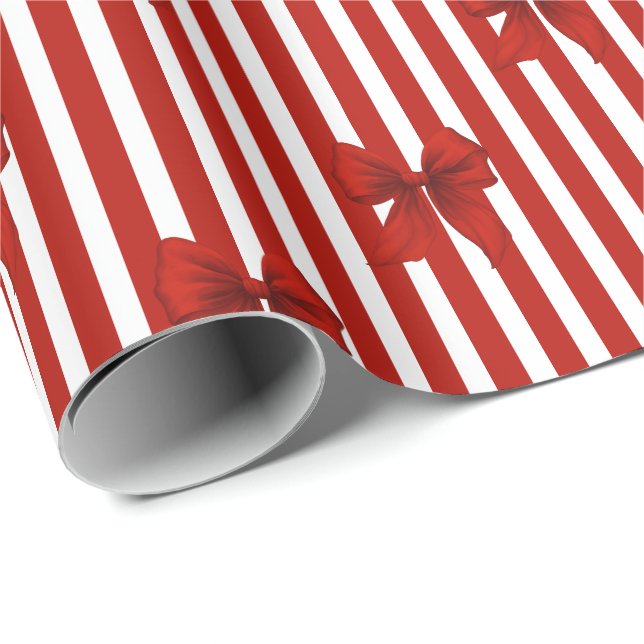 Papier Cadeau Nœuds et rayures Coquette rouge (Coin rond)