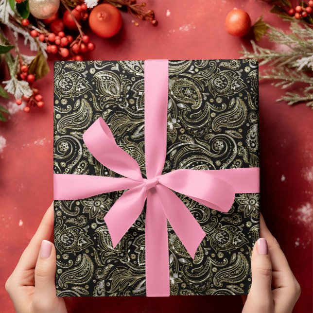 Papier Cadeau Noir avec argent et or Floral Paisley (Créateur téléchargé)