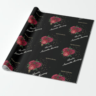 Papier Cadeau Noir avec Roses Rouges Quinceañera Papier d'envelo