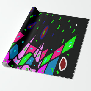 Papier Cadeau Noir avec vert rose bleu motif cadeau funky
