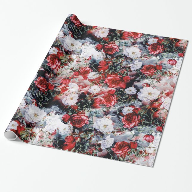 Papier Cadeau Noir blanc floral de roses victoriens rouges (Déroulé)