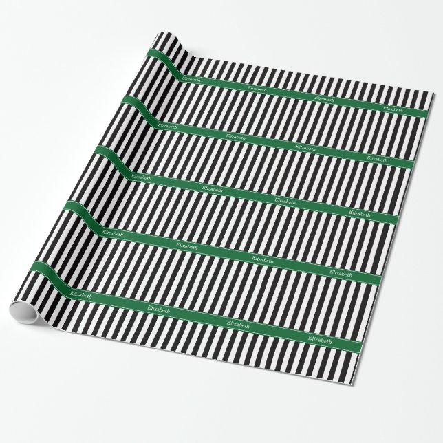 Papier Cadeau Noir Blanc Forêt Bande Nom du ruban Monogramme (Déroulé)