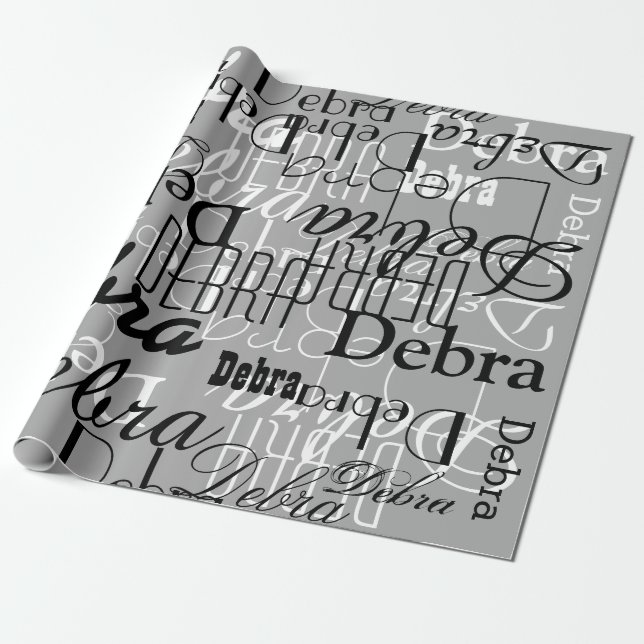 Papier Cadeau noir / blanc / gris personnalisé motif de noms (Déroulé)