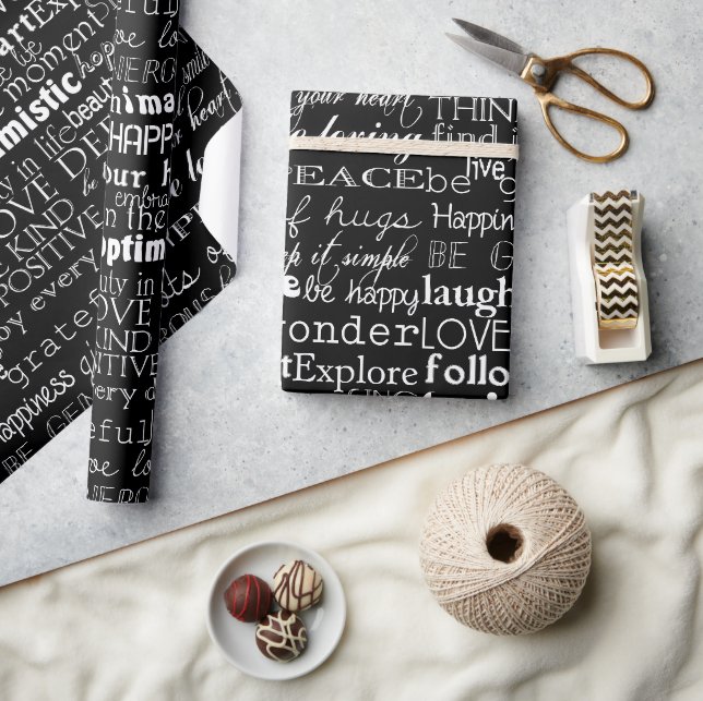 Papier Cadeau Noir Blanc Inspiration Mots Noël (Artisanat)