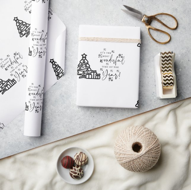 Papier Cadeau Noir blanc Joyeux arbres de Noël Citation Cadeau (Artisanat)