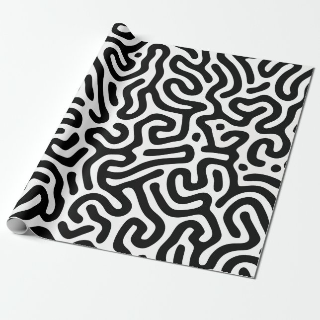Papier Cadeau noir blanc labyrinthe ligne motif mode décoratif (Déroulé)