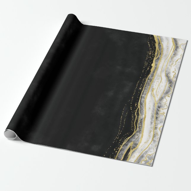 Papier Cadeau Noir Blanc & Or Géode Agate Marbre Mariage (Déroulé)