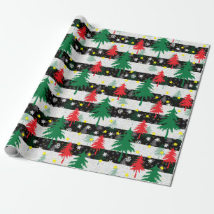 Papier Cadeau Noir Blanc Stripes Neiges Rouge Vert Arbres