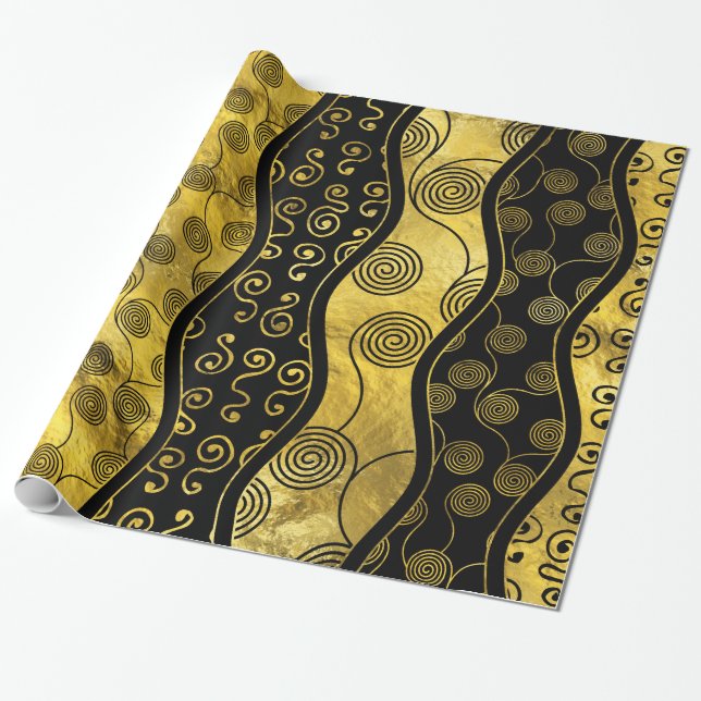 Papier Cadeau Noir de luxe et motif africain d'or (Déroulé)