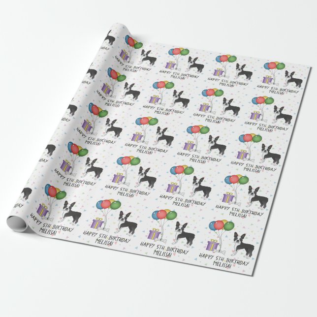 Papier Cadeau Noir Et Blanc Boston Terrier Cute Dog - Anniversai (Déroulé)
