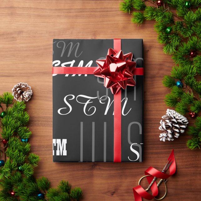 Papier Cadeau noir et blanc initiales personnalisées ou marque (Cadeau de vacances)