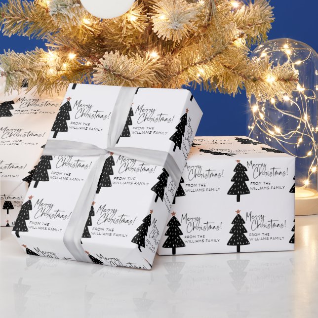 Papier Cadeau Noir et blanc Joyeux Arbre de Noël Nom (Vacances)