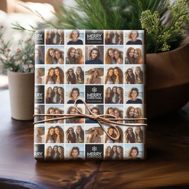 Papier Cadeau Noir et blanc Joyeux Noël 8 Photo Collage (Personalized wrapping paper with photo collage)