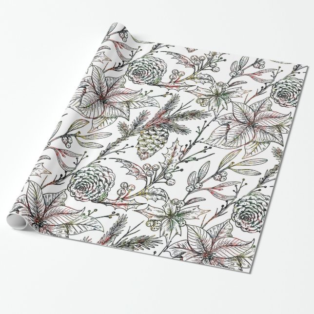 Papier Cadeau Noir et blanc Noël Holly Motif (Déroulé)