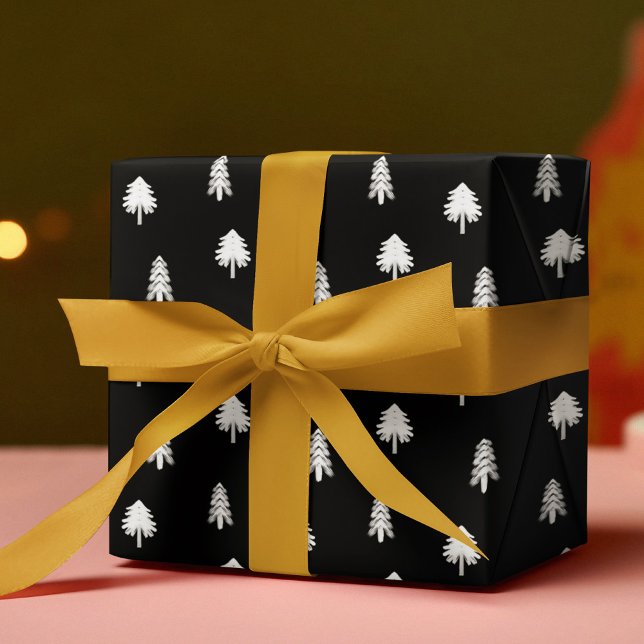 Papier Cadeau Noir Et Blanc Simple Arbre De Noël Motif (Créateur téléchargé)