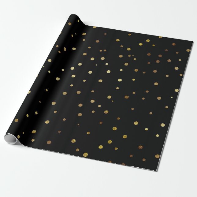 Papier Cadeau Noir et confettis de fête mignons d'or de Faux (Déroulé)
