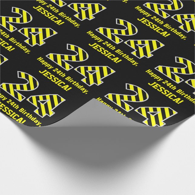 Papier Cadeau Noir et Jaune rayé "24"; 24e anniversaire + nom (Coin)