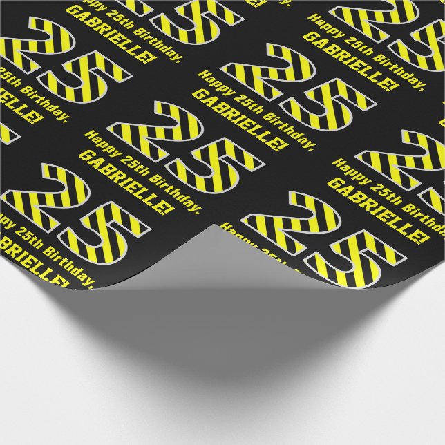 Papier Cadeau Noir et jaune rayé "25"; 25e anniversaire + nom (Coin)