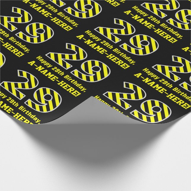 Papier Cadeau Noir et jaune rayé "29"; 29e anniversaire + nom (Coin)