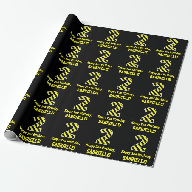 Papier Cadeau Noir et Jaune rayé "2"; 2e anniversaire + nom (Déroulé)