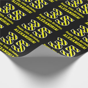 Papier Cadeau Noir et Jaune rayé "35"; 35e anniversaire + nom