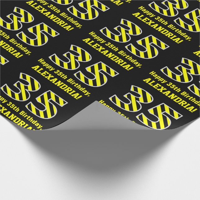 Papier Cadeau Noir et Jaune rayé "35"; 35e anniversaire + nom (Coin)