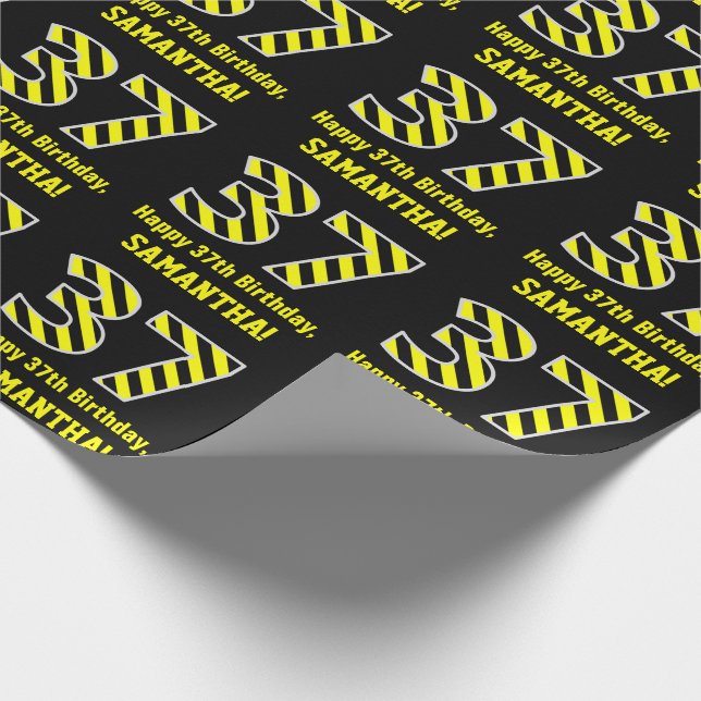 Papier Cadeau Noir et Jaune rayé "37"; 37e anniversaire + nom (Coin)