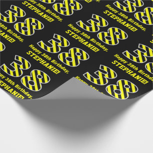 Papier Cadeau Noir et Jaune rayé "38"; 38e anniversaire + nom