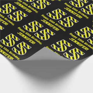 Papier Cadeau Noir et jaune rayé "55"; 55e anniversaire + nom