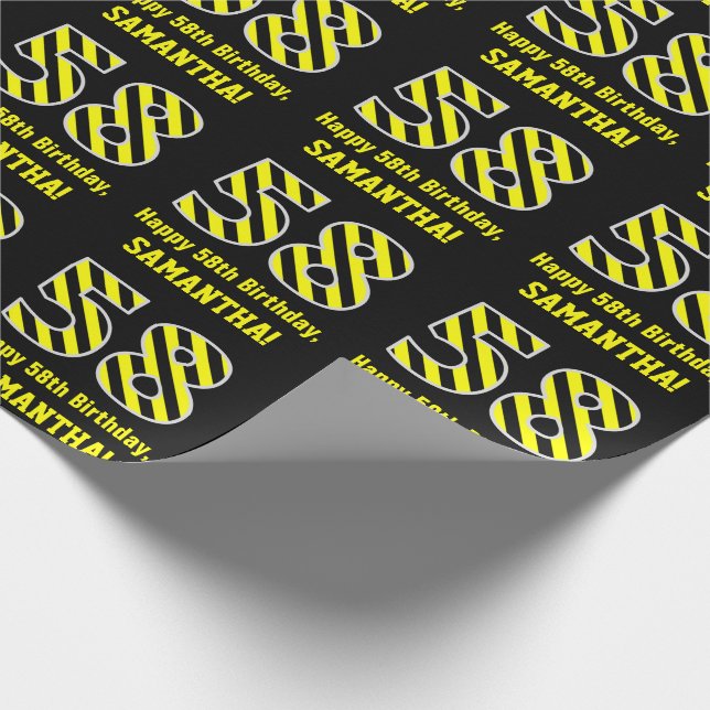Papier Cadeau Noir et jaune rayé "58"; 58e anniversaire + nom (Coin)