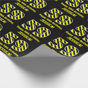 Papier Cadeau Noir et jaune rayé "59"; 59e anniversaire + nom