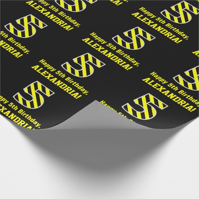 Papier Cadeau Noir et Jaune rayé "5"; 5e anniversaire + nom (Coin)