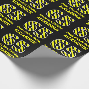 Papier Cadeau Noir et jaune rayé "65"; 65e anniversaire + nom