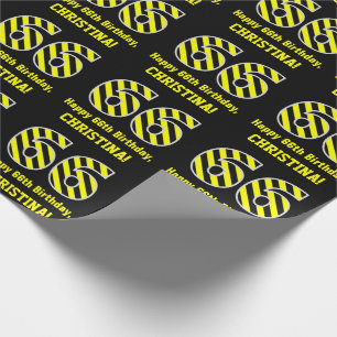Papier Cadeau Noir et jaune rayé "66"; 66e anniversaire + nom