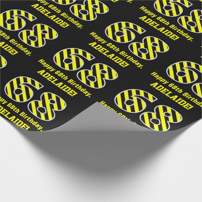 Papier Cadeau Noir et jaune rayé "68"; 68e anniversaire + nom (Coin)