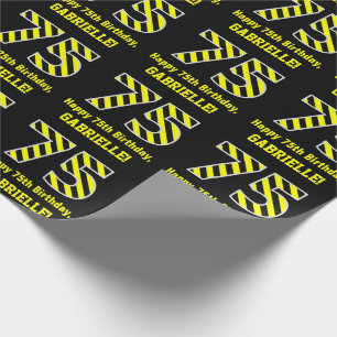 Papier Cadeau Noir et jaune rayé "75"; 75e anniversaire + nom