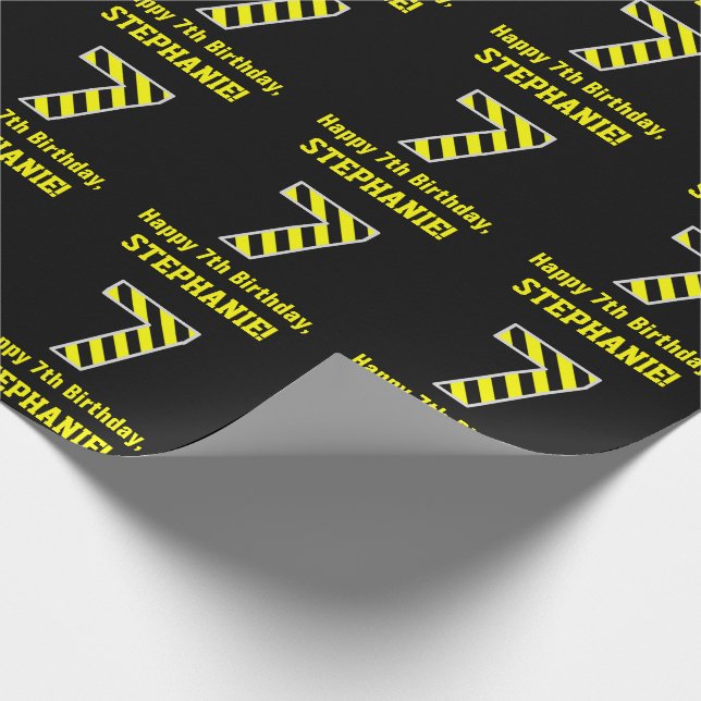 Papier Cadeau Noir et Jaune rayé "7"; 7e anniversaire + nom (Coin)