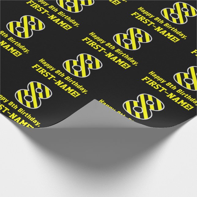 Papier Cadeau Noir et Jaune rayé "8"; 8e anniversaire + nom (Coin)