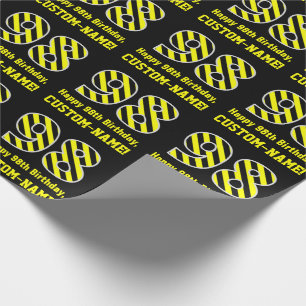 Papier Cadeau Noir et jaune rayé "98"; 98e anniversaire + nom
