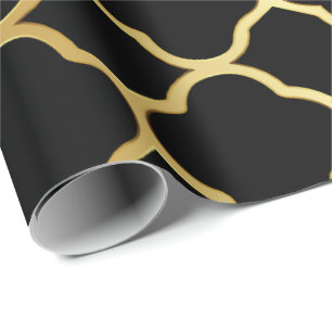 Papier Cadeau Noir et motif de Quatrefoil d'or