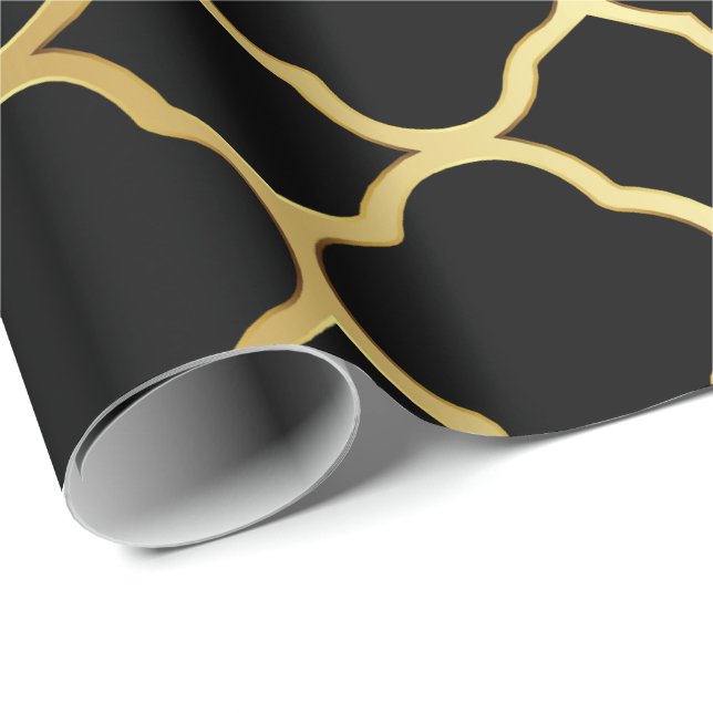 Papier Cadeau Noir et motif de Quatrefoil d'or (Coin rond)