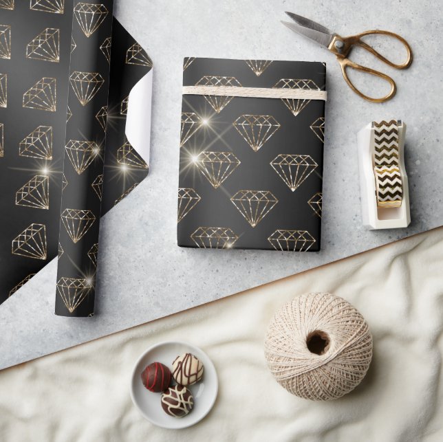 Papier Cadeau Noir et Or Diamant Élégant Mariage Fiançailles (Artisanat)