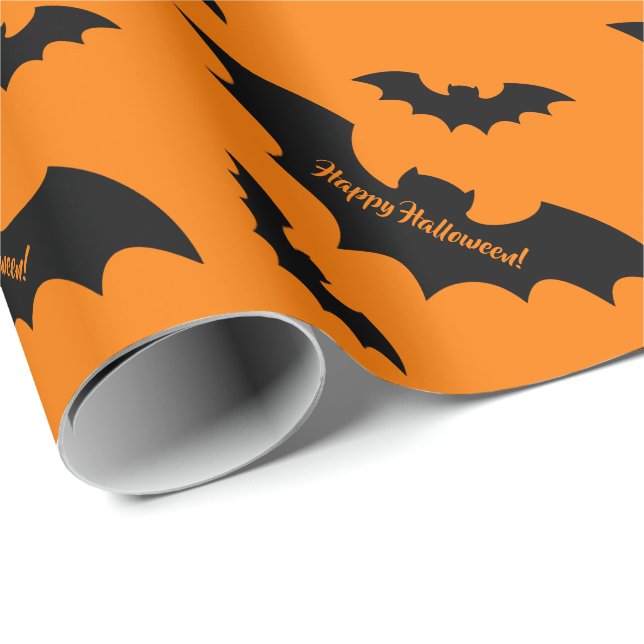 Papier Cadeau Noir et orange Halloween chauves-souris nom person (Coin rond)